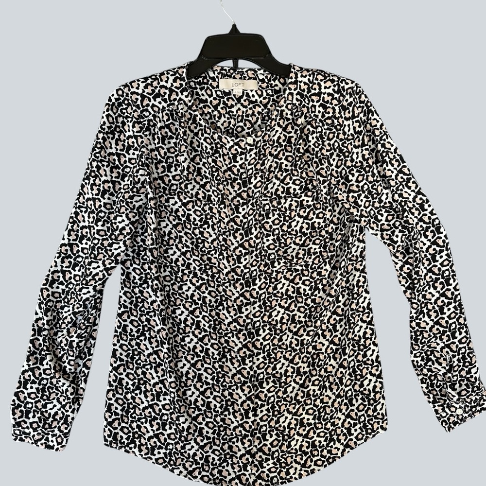 LOFT Black and White Leopard-Print Long Sleeve Blouse